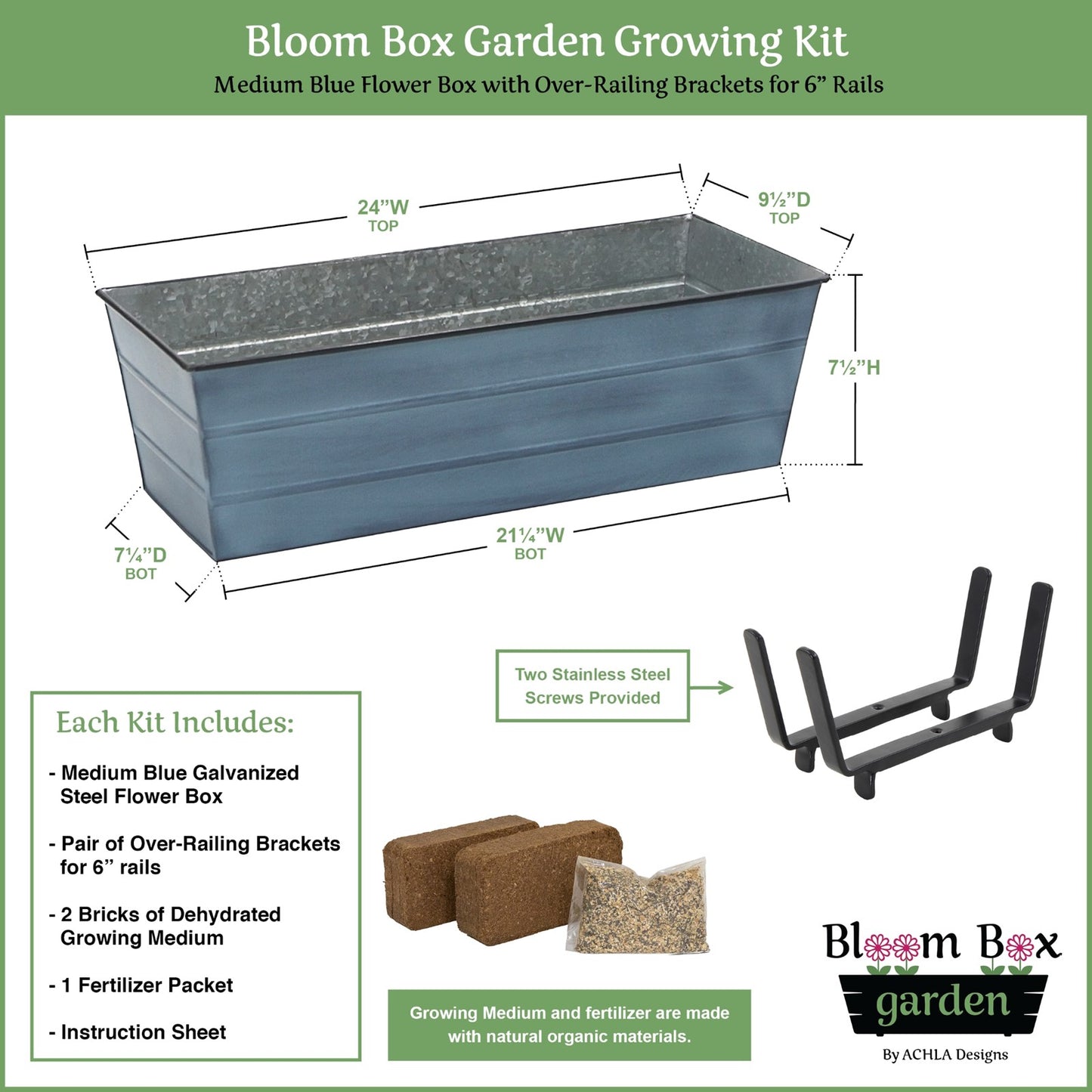 Achla Bloom Box Garden Growing Kit Medium Blue | Galvanized Steel and Wrought Iron | Deck Railing Planter for 2x6 Rails | Model C20NB-K6-GK2