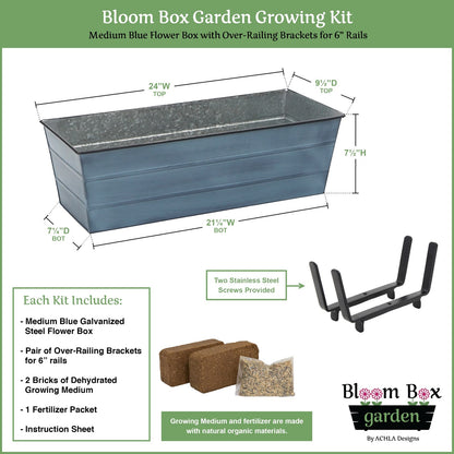 Achla Bloom Box Garden Growing Kit Medium Blue | Galvanized Steel and Wrought Iron | Deck Railing Planter for 2x6 Rails | Model C20NB-K6-GK2