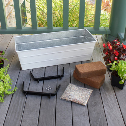 Achla Bloom Box Garden Growing Kit, Medium White | Galvanized Steel and Wrought Iron | Deck & Balcony Container Garden | 24 x 9.5 | Model C20W-K6-GK2