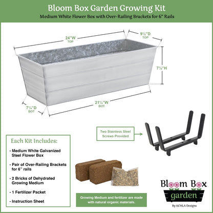 Achla Bloom Box Garden Growing Kit, Medium White | Galvanized Steel and Wrought Iron | Deck & Balcony Container Garden | 24 x 9.5 | Model C20W-K6-GK2