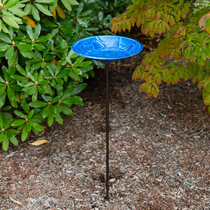 Achla Delphinium Lolly Birdbath with Stake | Solid Brass Enameled Bowl and Wrought Iron Stake | Garden Birdbath for Yard & Lawn | 12 | Model EBB-02BL-S