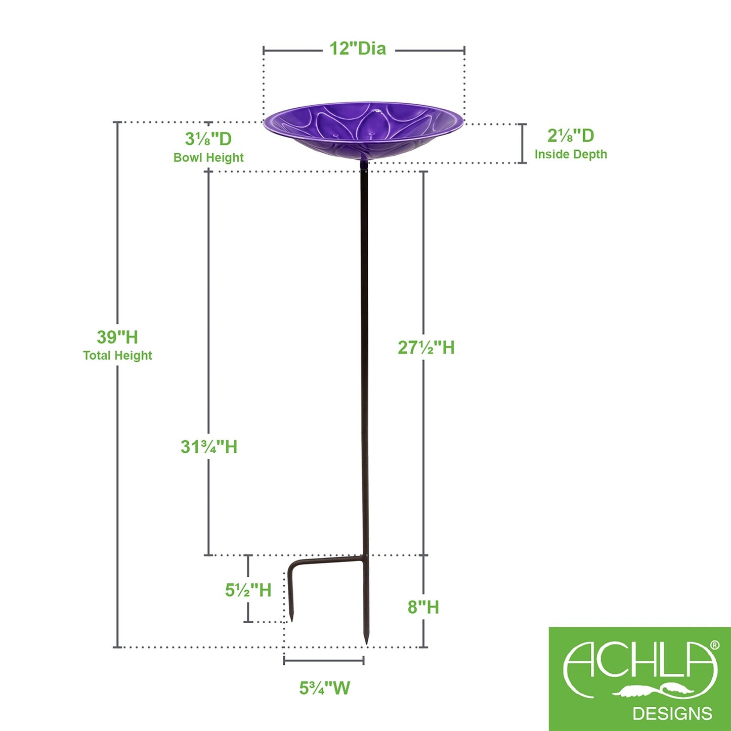 Achla Lilac Lolly Birdbath with Stake | Solid Brass Enameled Bowl and Wrought Iron Stake | Garden Birdbath for Yard & Lawn | 12 x 12 | Model EBB-02LP-S