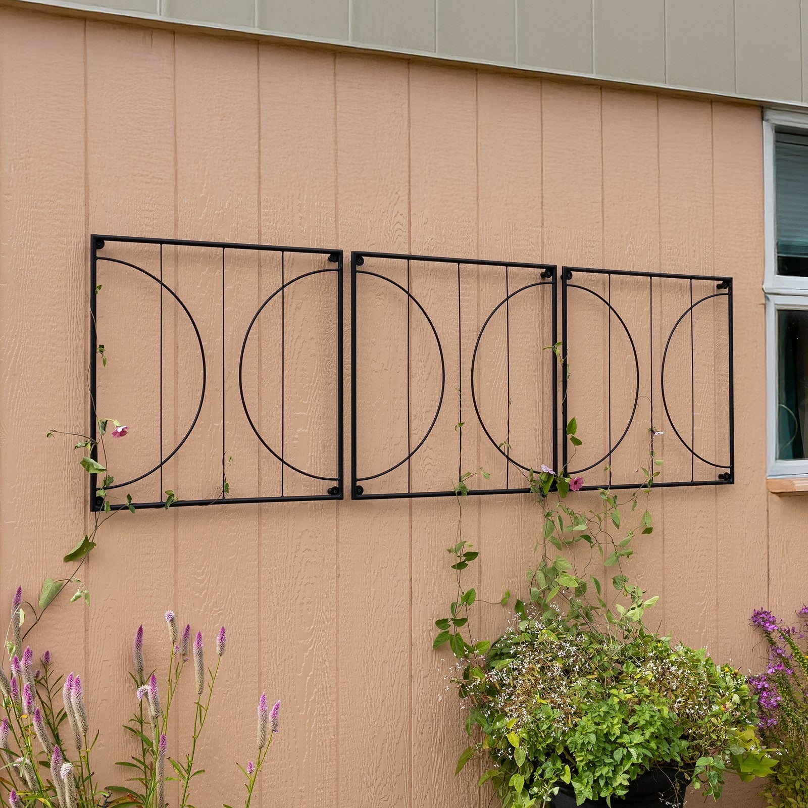 Achla Quilt Block-Circles Wall Trellis Panels (Set of 3) | Wrought Iron Black | Garden Wall Climbing Plant Support | 21.75 x 21.75 x 87 in | Model FT-52C
