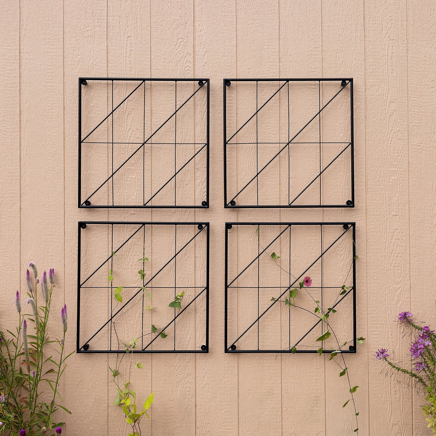 Achla Quilt Block-Diagonals Wall Trellis Panels (4 panels) | Black Wrought Iron | Garden Wall & Fence Decor | 49 x 49 in Overall, 24 in | Model FT-52Z