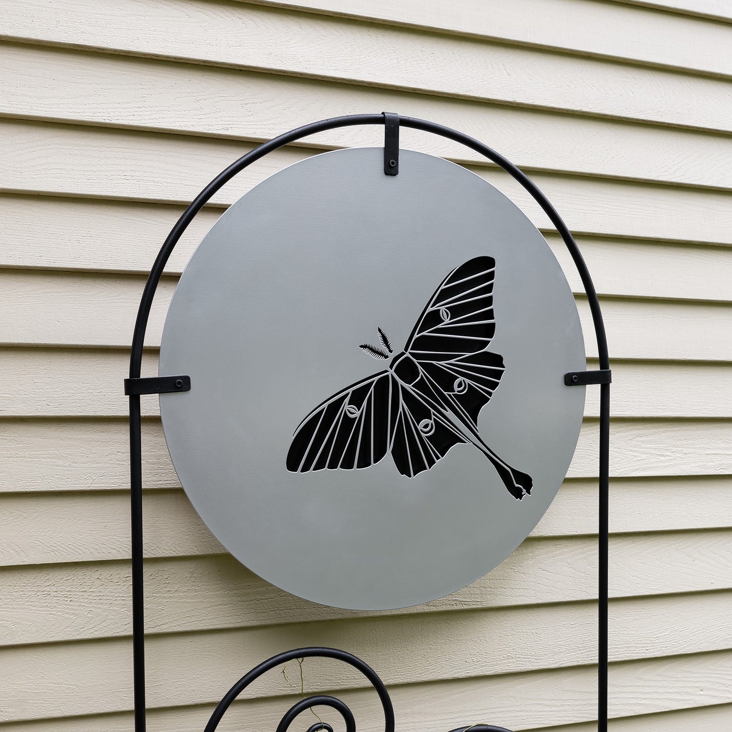Achla Luna Trellis | Silver & Black Wrought Iron | Pollinator & Gothic Garden Accent | 21 x 82 x 2 in, Free-Standing | Model FT-67
