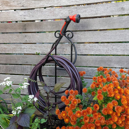 Achla Hose Caddy | Black Wrought Iron | Garden Hose Holder & Stake | 10 x 36.25 x 10.25 in, Compact | Model HC-05