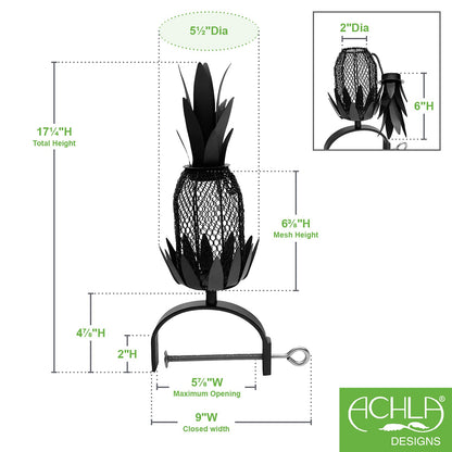 Achla Railing Pineapple Bird Feeder | Steel Wire Mesh Black & Nickel | Deck & Porch Bird Feeder for Sunflower Seeds, Suet | Model VBF-02-OR