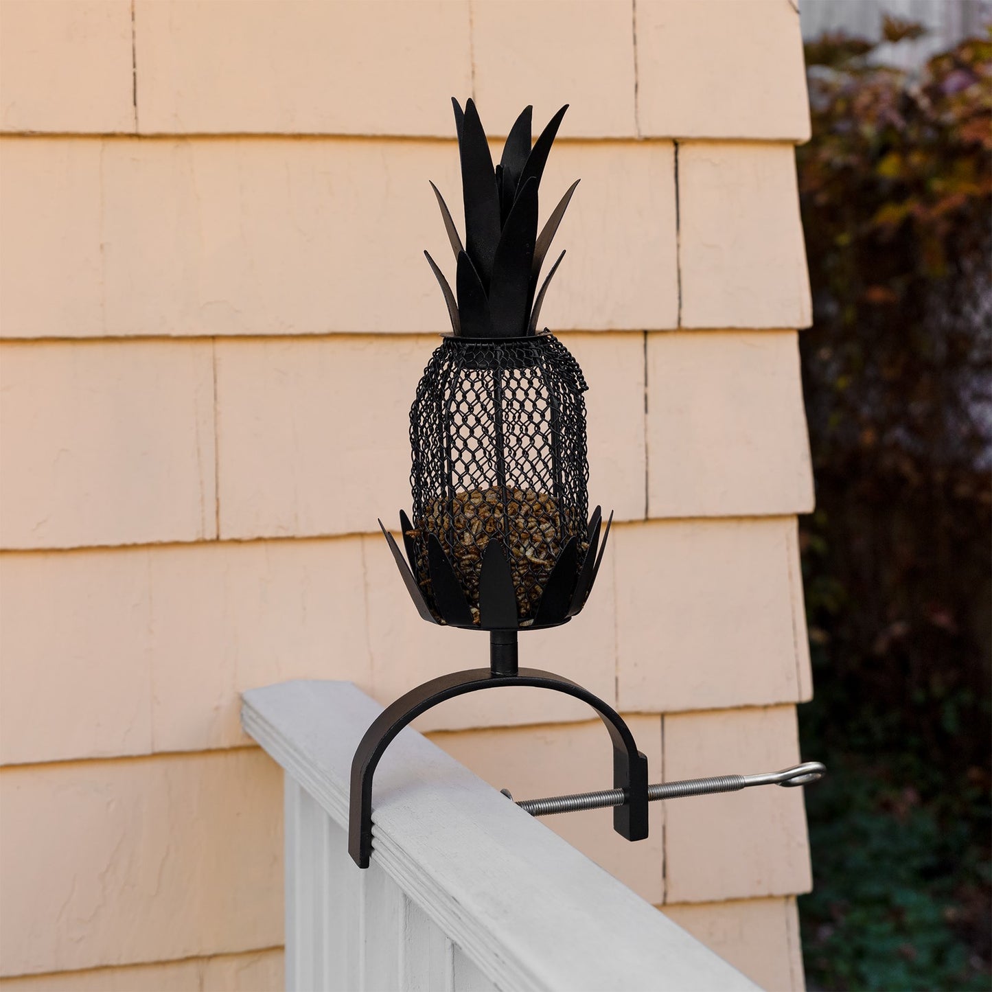 Achla Railing Pineapple Feeder | Steel Wire Mesh Black & Nickel | Deck & Porch Bird Feeder for Sunflower Seeds, Suet, Mealworms | 9 | Model VBF-02-OR