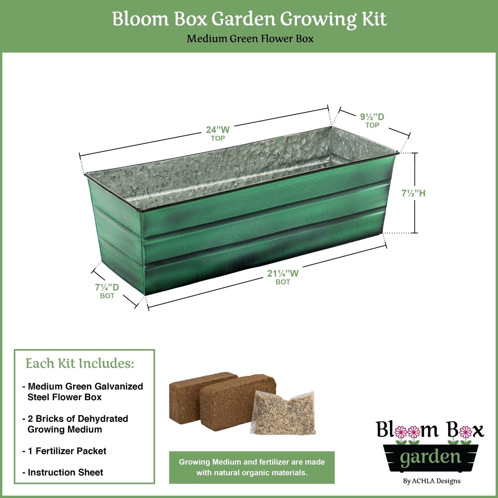 Achla Bloom Box Garden Growing Kit, Medium Green | Galvanized Steel Green Patina | Deck & Balcony Container Garden for Flowers, Herbs | Model VFB-05-GK2