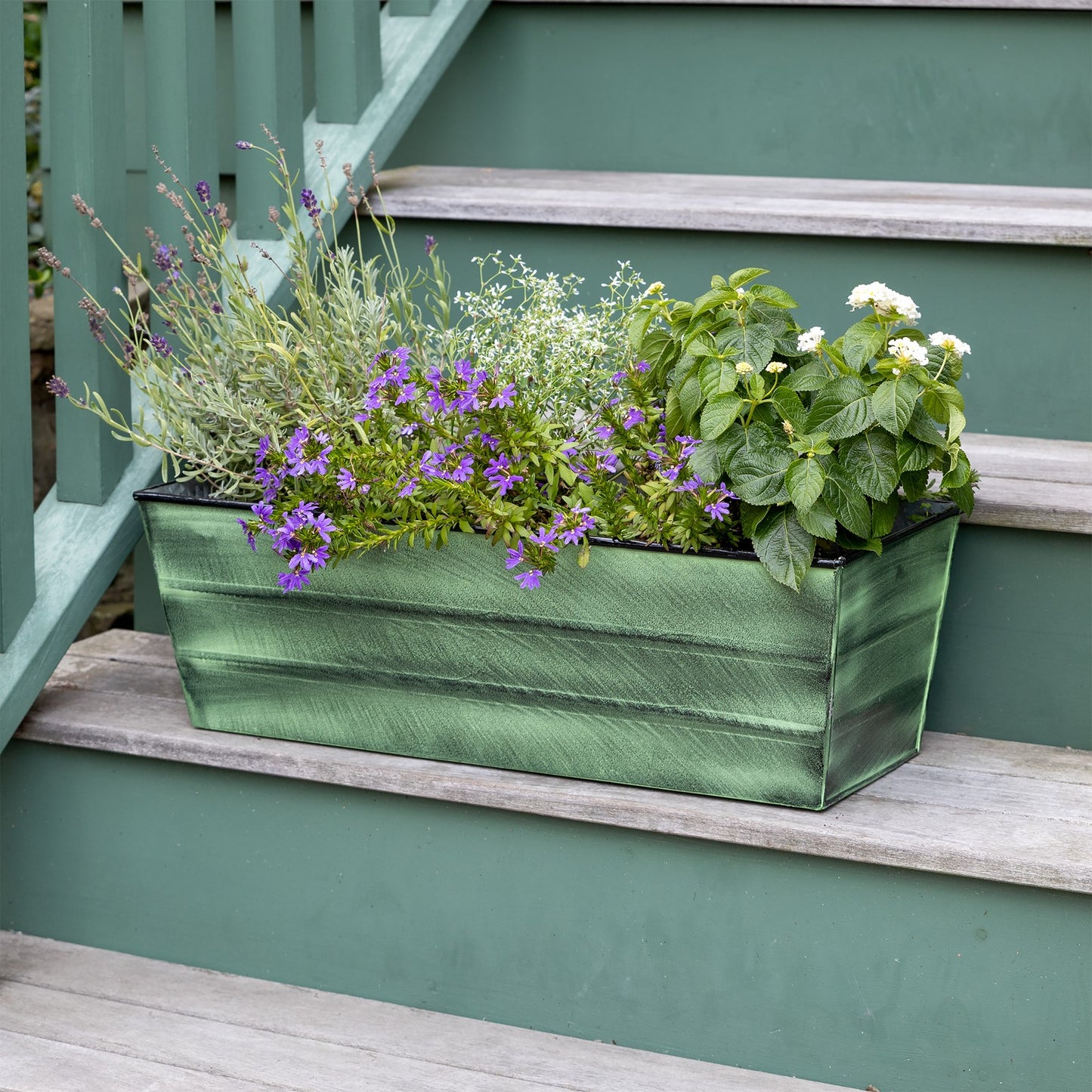 Achla Bloom Box Garden Growing Kit, Medium Green | Galvanized Steel Green Patina | Deck & Balcony Container Garden for Flowers, Herbs | Model VFB-05-GK2