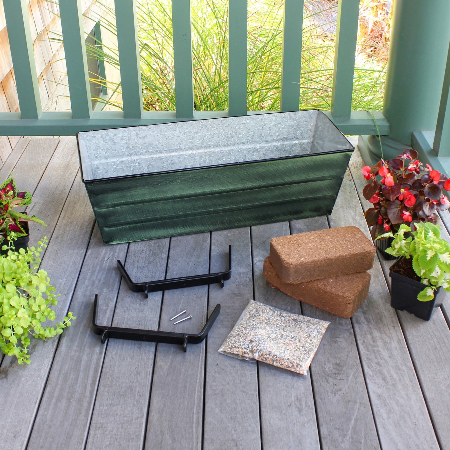 Achla Bloom Box Garden Growing Kit Medium | Green Patina Galvanized Steel & Black Wrought Iron | Deck & Porch Railing Planter | Model VFB-05-K6-GK2