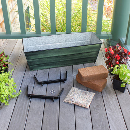 Achla Bloom Box Garden Growing Kit Medium | Green Patina Galvanized Steel & Black Wrought Iron | Deck & Porch Railing Planter | Model VFB-05-K6-GK2