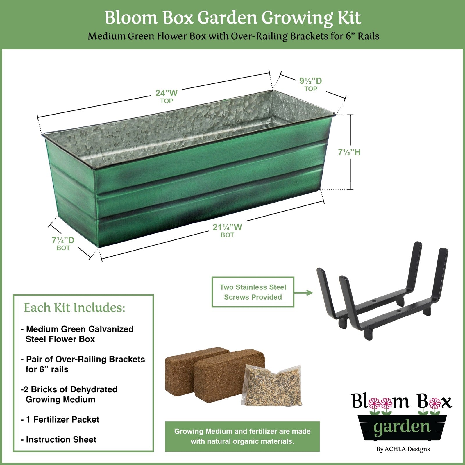 Achla Bloom Box Garden Growing Kit, Medium Green with Brackets for 2x6 Railings | Galvanized Steel Green Patina & Black Wrought Iron | Model VFB-05-K6-GK2