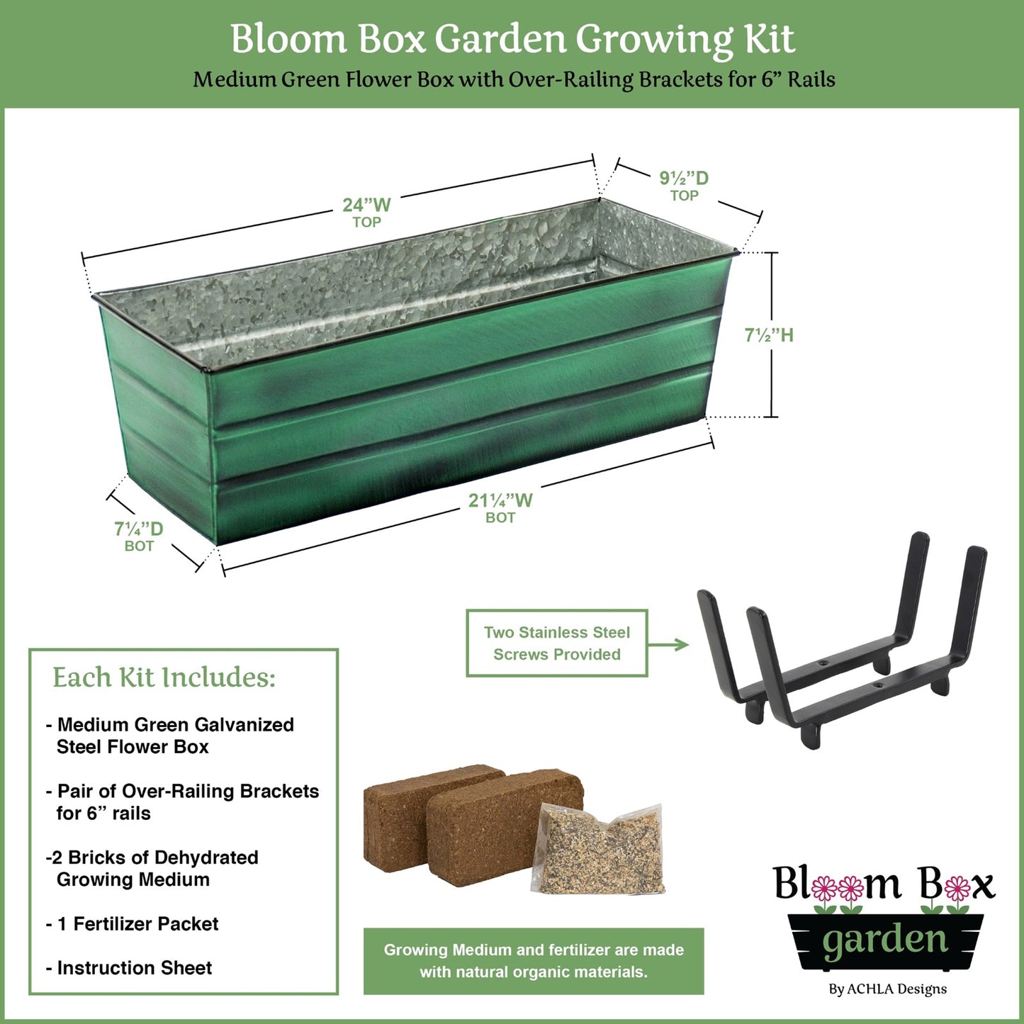 Achla Bloom Box Garden Growing Kit Medium | Green Patina Galvanized Steel & Black Wrought Iron | Deck & Porch Railing Planter | Model VFB-05-K6-GK2
