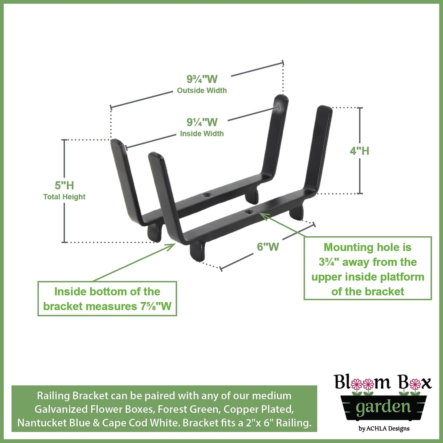 Achla Bloom Box Garden Growing Kit Medium | Green Patina Galvanized Steel & Black Wrought Iron | Deck & Porch Railing Planter | Model VFB-05-K6-GK2