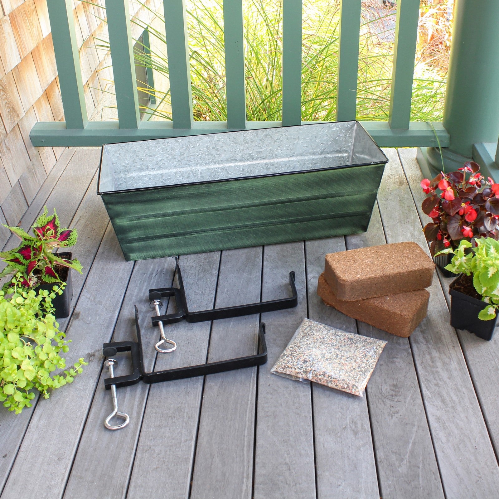 Achla Bloom Box Garden Growing Kit Medium | Green Patina Galvanized Steel and Black Wrought Iron | Deck & Balcony Container Garden | Model VFB-05-RM-GK2