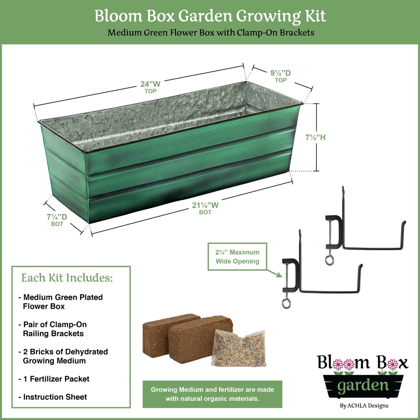 Achla Bloom Box Garden Growing Kit Medium | Green Patina Galvanized Steel and Black Wrought Iron | Deck & Balcony Container | Model VFB-05-RM-GK2
