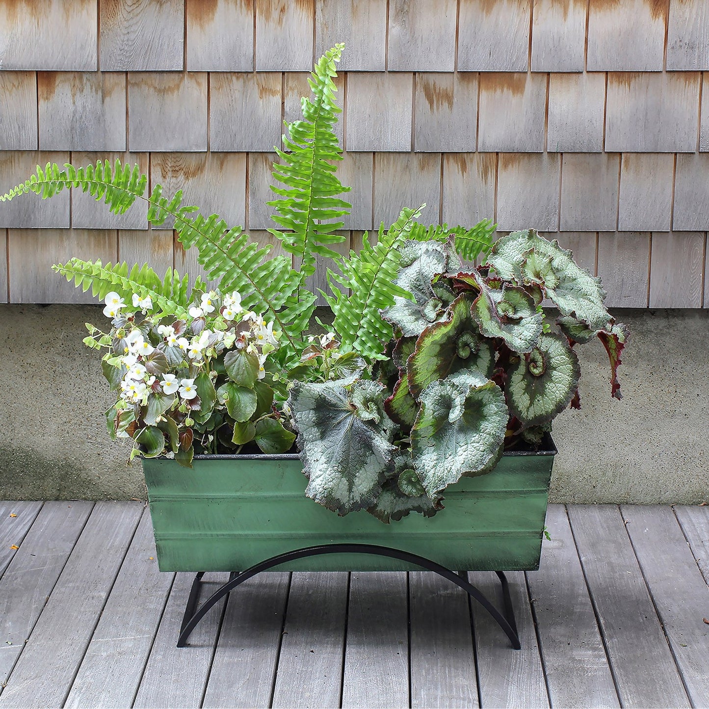 Achla Bloom Box Garden Growing Kit Medium | Green Patina Galvanized Steel and Black Wrought Iron Stand | Deck & Balcony Container | Model VFB-05-S-GK2
