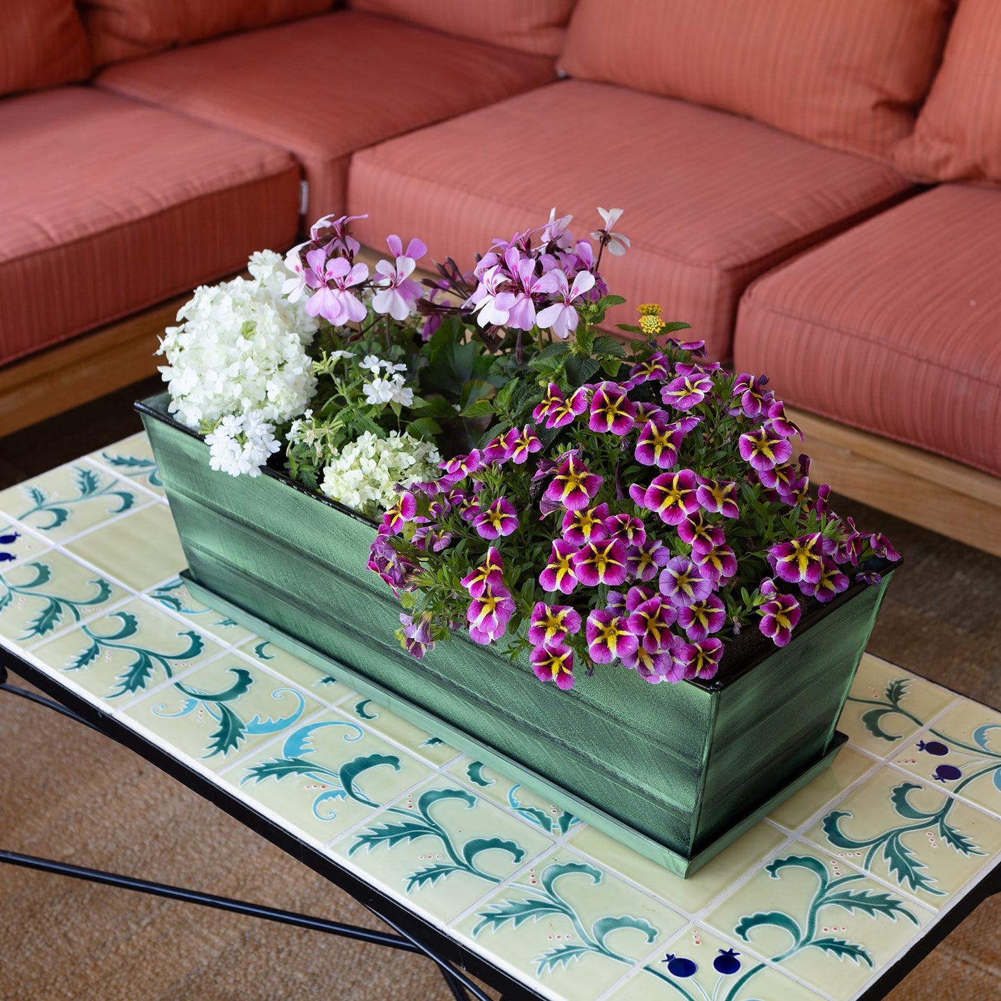 Achla Classic Green Flower Box with Tray Medium | Green Patina Galvanized Steel | Deck & Balcony Container Garden | 24 x 10 x 8 in | Model VFB-05-T
