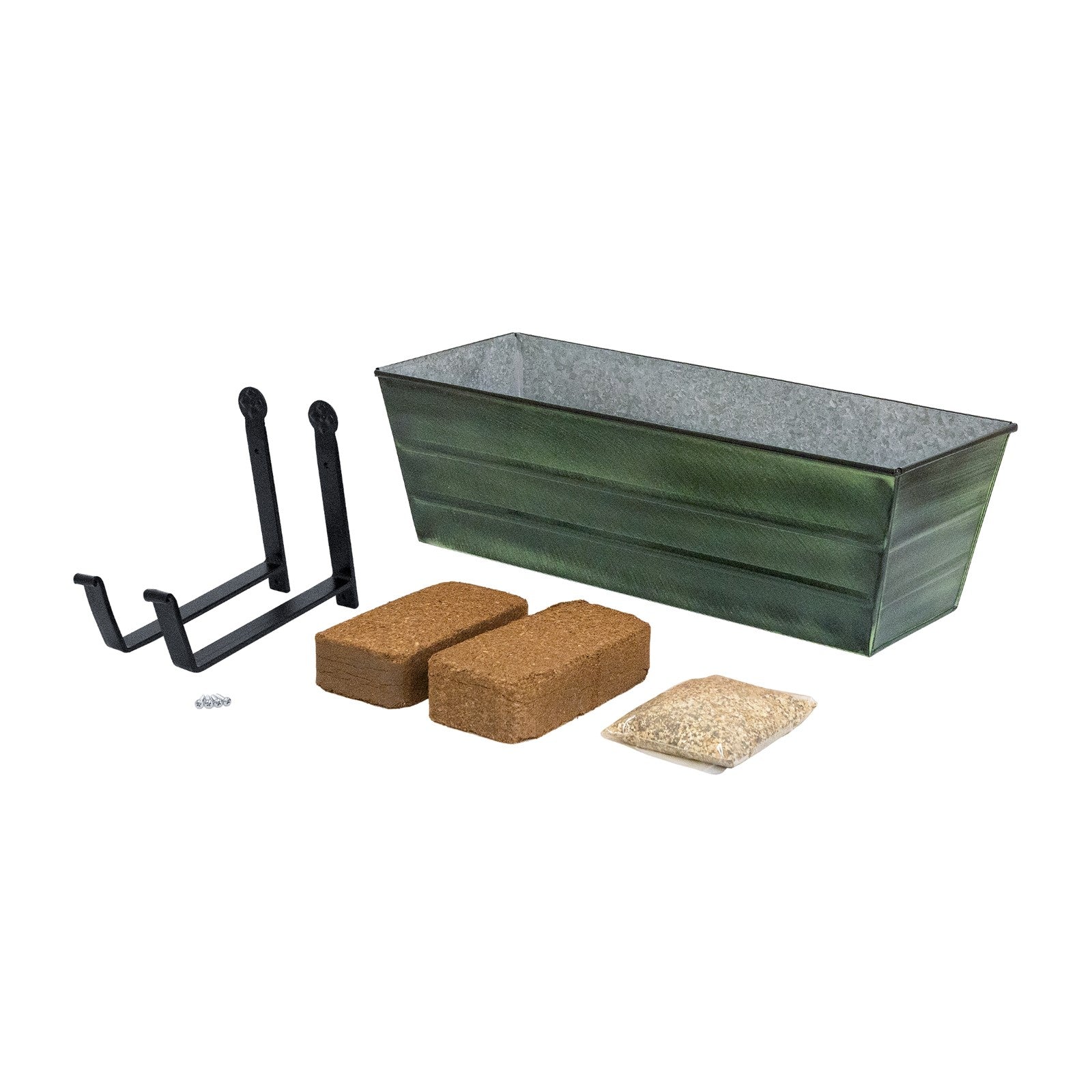 Achla Bloom Box Garden Growing Kit Medium | Green Patina Galvanized Steel and Black Wrought Iron Wall Brackets | Deck & Balcony | Model VFB-05-WM-GK2