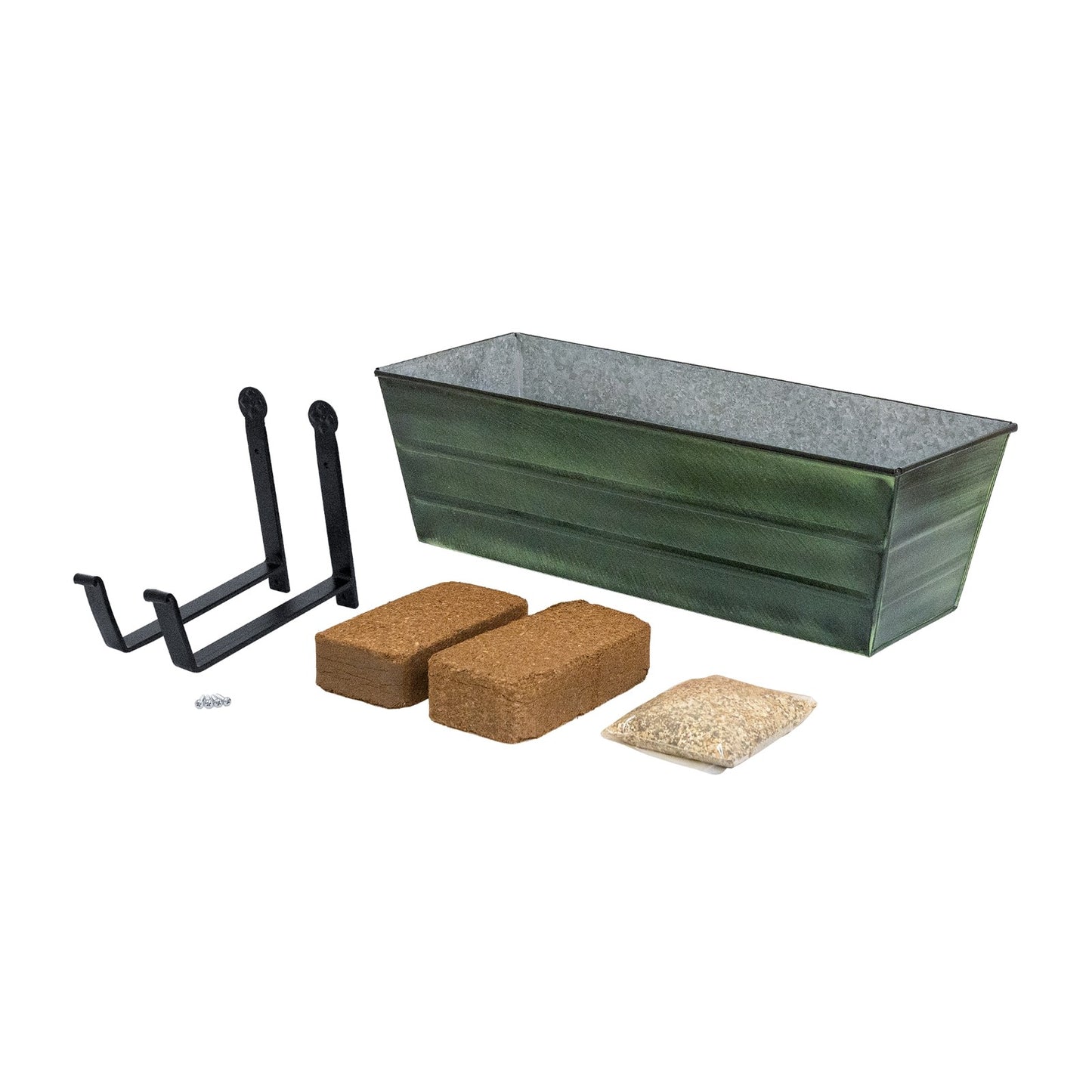 Achla Bloom Box Medium Garden Growing Kit | Green Patina Galvanized Steel and Black Wrought Iron | Deck & Balcony Wall-Mounted | Model VFB-05-WM-GK2