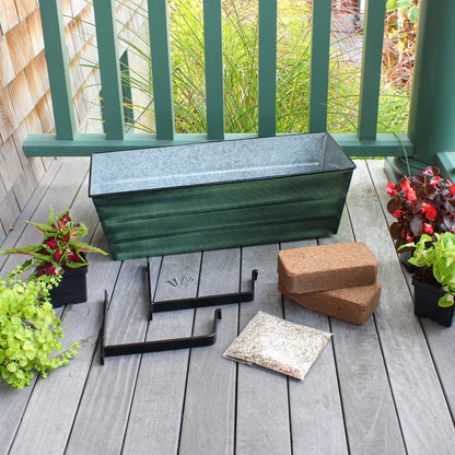 Achla Bloom Box Garden Growing Kit Medium | Green Patina Galvanized Steel and Black Wrought Iron Wall Brackets | Deck & Balcony | Model VFB-05-WM-GK2