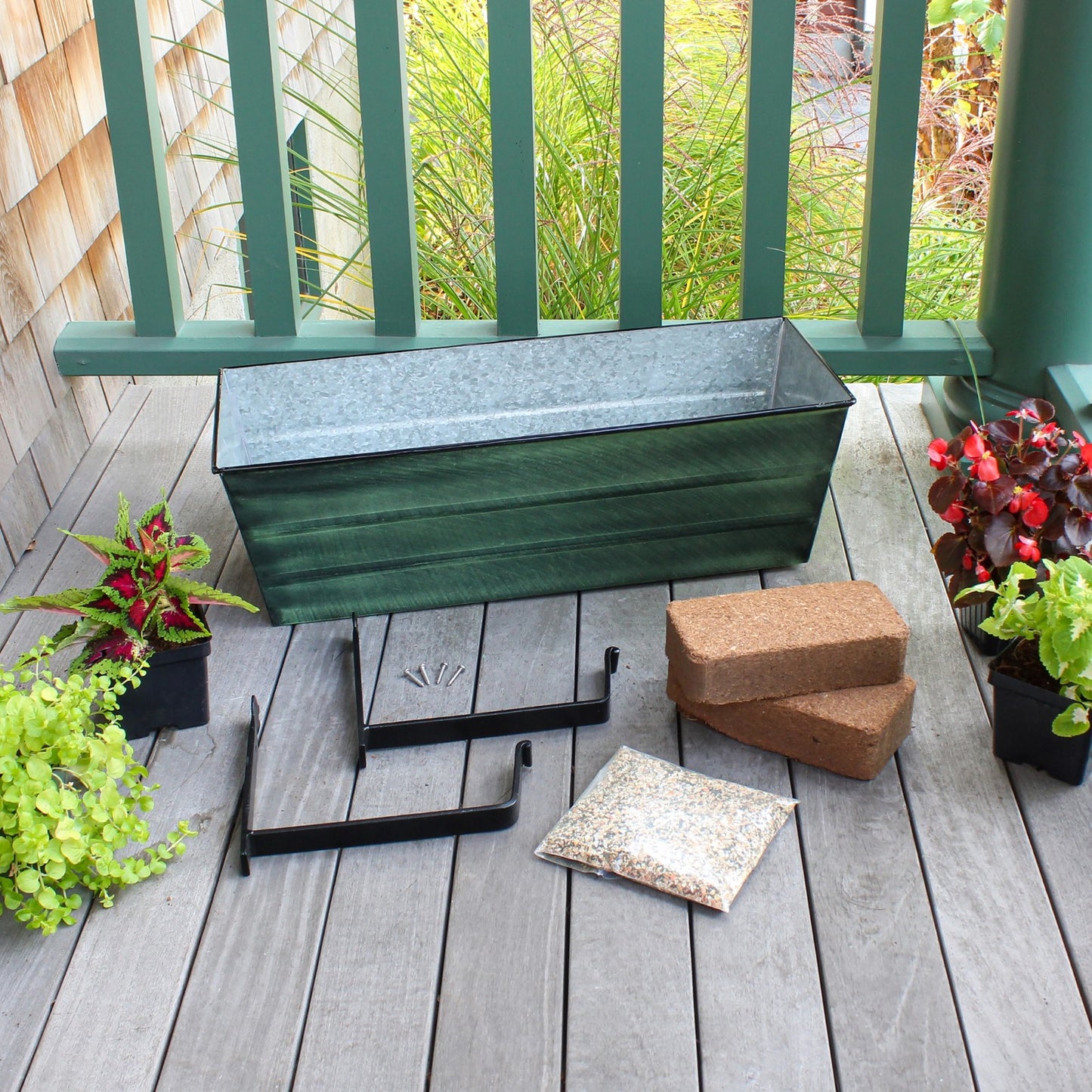 Achla Bloom Box Medium Garden Growing Kit | Green Patina Galvanized Steel and Black Wrought Iron | Deck & Balcony Wall-Mounted | Model VFB-05-WM-GK2