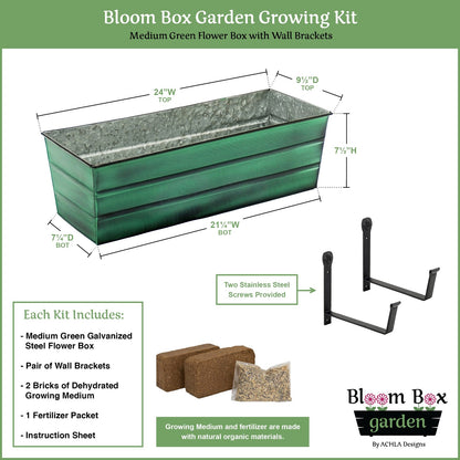 Achla Bloom Box Garden Growing Kit Medium | Green Patina Galvanized Steel and Black Wrought Iron Wall Brackets | Deck & Balcony | Model VFB-05-WM-GK2