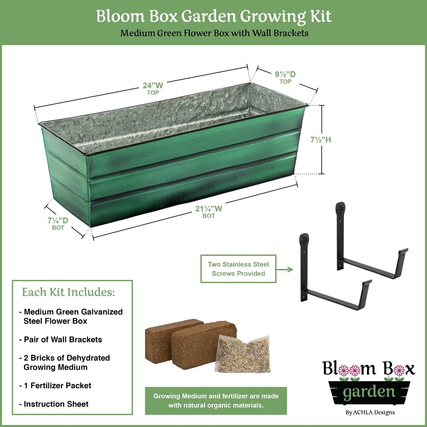 Achla Bloom Box Medium Garden Growing Kit | Green Patina Galvanized Steel and Black Wrought Iron | Deck & Balcony Wall-Mounted | Model VFB-05-WM-GK2