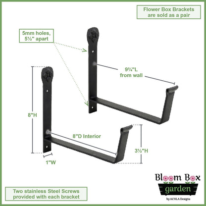 Achla Bloom Box Medium Garden Growing Kit | Green Patina Galvanized Steel and Black Wrought Iron | Deck & Balcony Wall-Mounted | Model VFB-05-WM-GK2