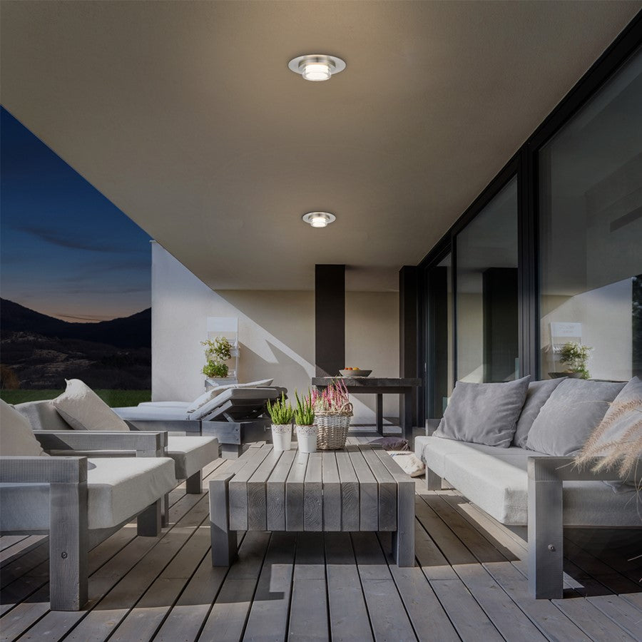 Alteck Plate 12in LED Outdoor Flush Mount | Contemporary Brushed Stainless Steel and Clear Acrylic | Entryway & Patio | Model AFM0012-3CCT-W-BSS