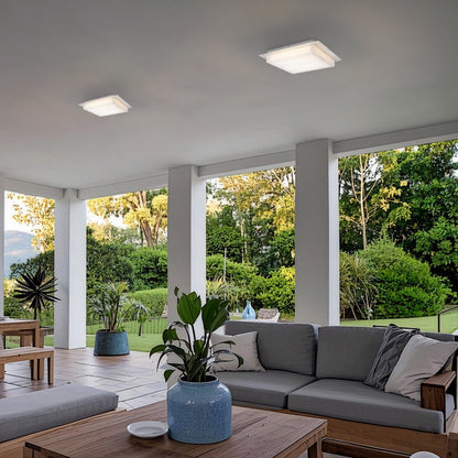 Alteck Foursquare 14in 1-Light LED Outdoor Flush Mount | Contemporary Brushed Stainless Steel and Acrylic | Covered Patio | Model AFM0015-3CCT-W-BSS