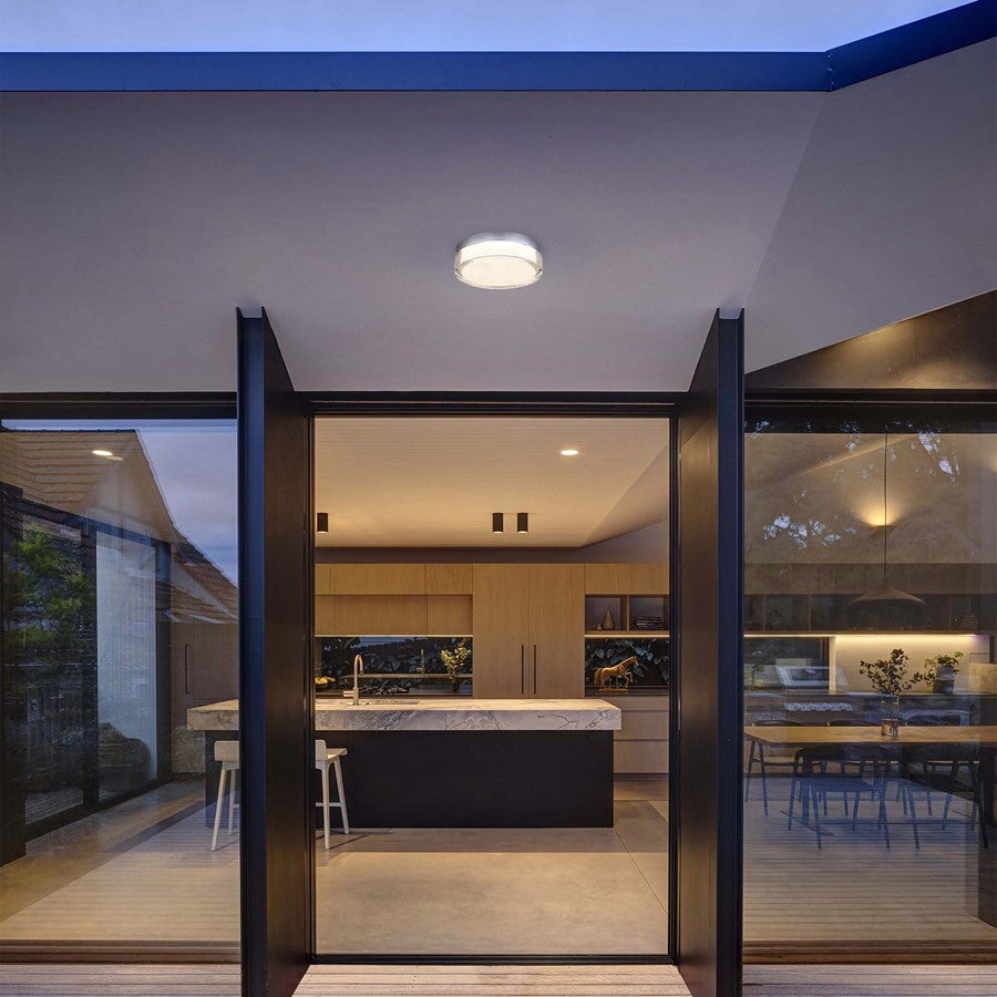 Alteck Sunspot 9in 1-Light Outdoor Flush Mount | Contemporary Brushed Stainless Steel and Clear Acrylic | Entryway | Model AFM0017-3CCT-W-BSS