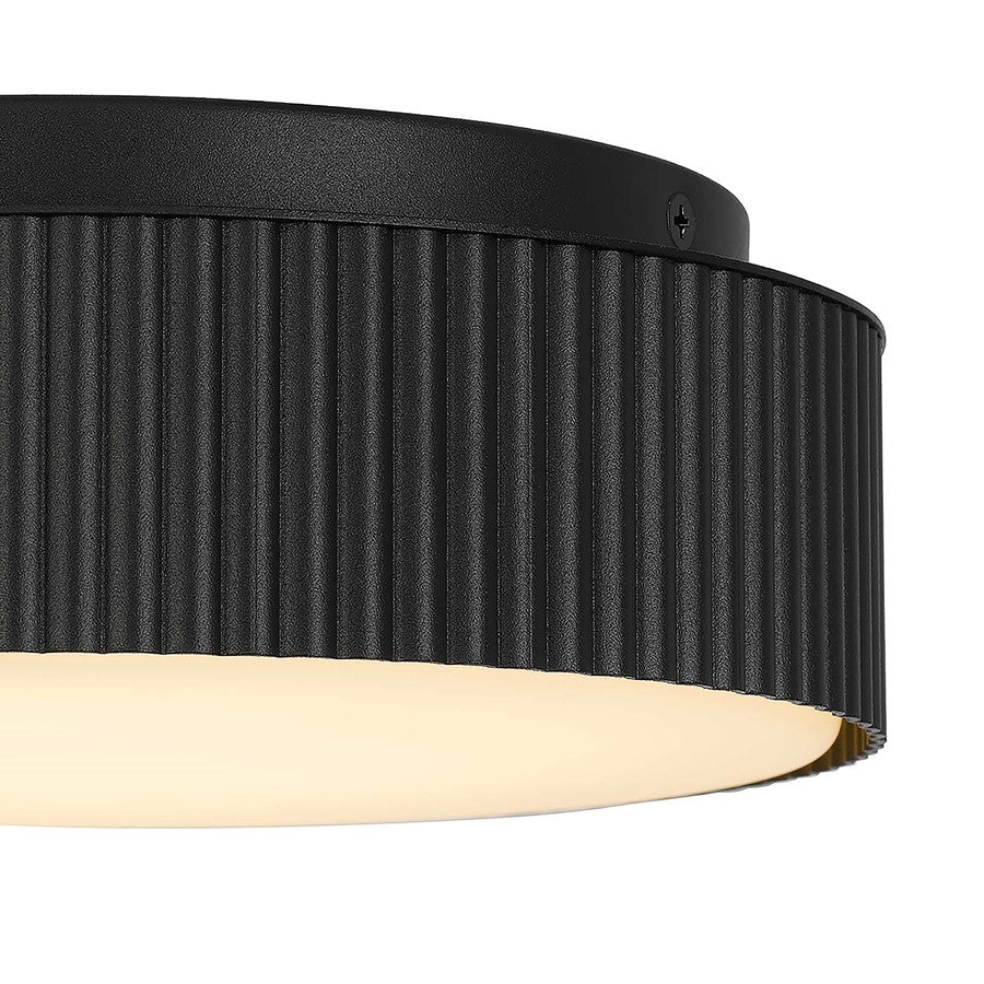 Alteck Channel 9in 1-Light LED Outdoor Flush Mount | Art Deco Sand Black Aluminum and Etched White Opal Glass | Porch | Model AFM0064-5CCT-W-BK