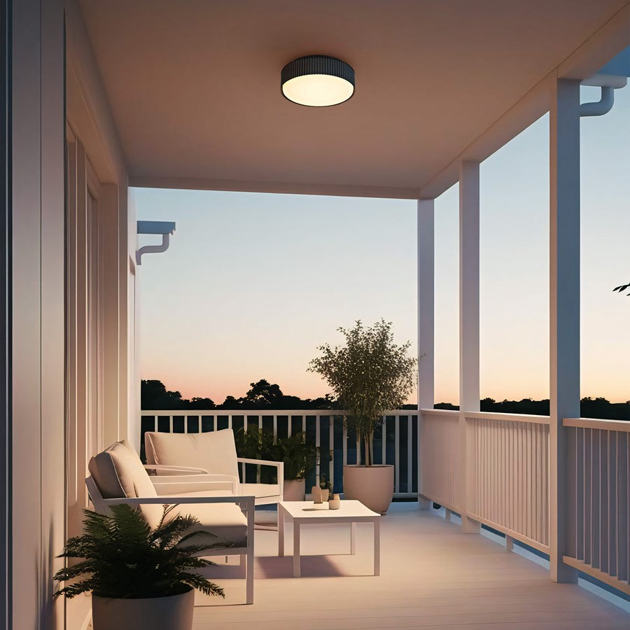 Alteck Channel 9in 1-Light LED Outdoor Flush Mount | Art Deco Sand Black Aluminum and Etched White Opal Glass | Porch | Model AFM0064-5CCT-W-BK