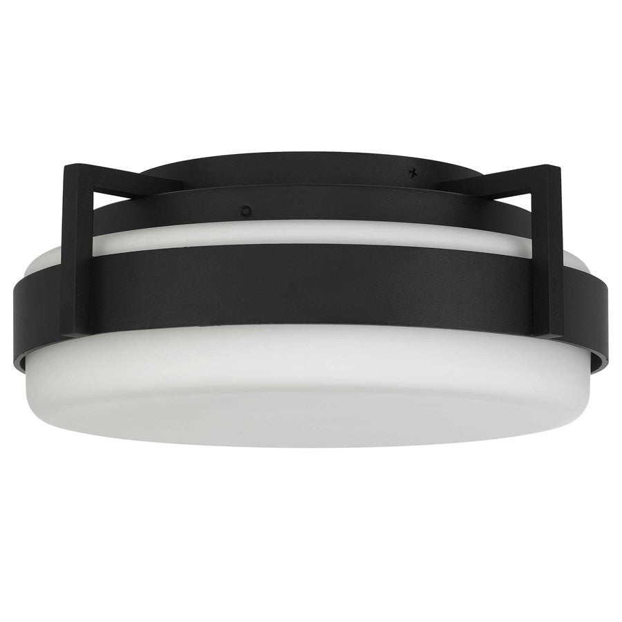 Alteck Ted 12in 1-Light LED Outdoor Flush Mount | Contemporary Sand Black and Etched White Glass | Covered Patio & Entryway | Model AFM0085-5CCT-W-BK