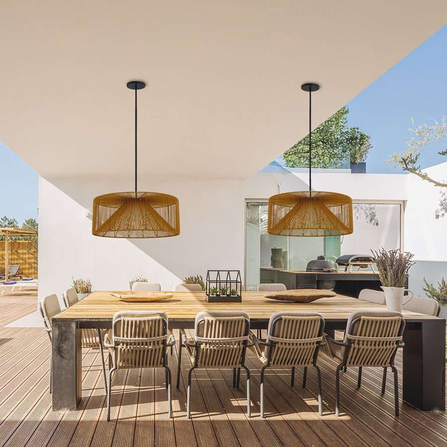 Alteck Key West 30in LED Outdoor Pendant | Contemporary Sand Black and Weather Resistant Rattan | Covered Patio & Indoor | Model AP0150-5CCT-W-BK