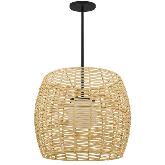 Alteck Aruba 24in 1-Light LED Outdoor Pendant | Contemporary Sand Black Aluminum and Weather Resistant Rattan with Opal | Model AP0151-5CCT-W-BK