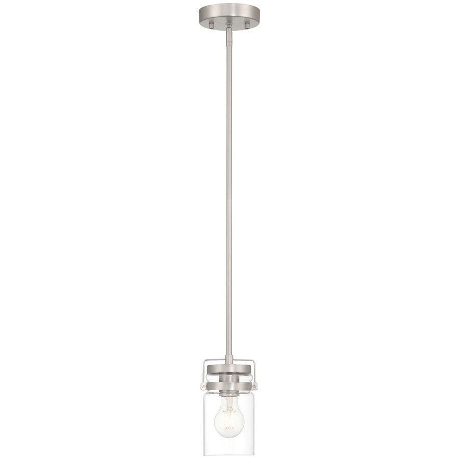 1 Light Pendant, Brushed Steel/Clear