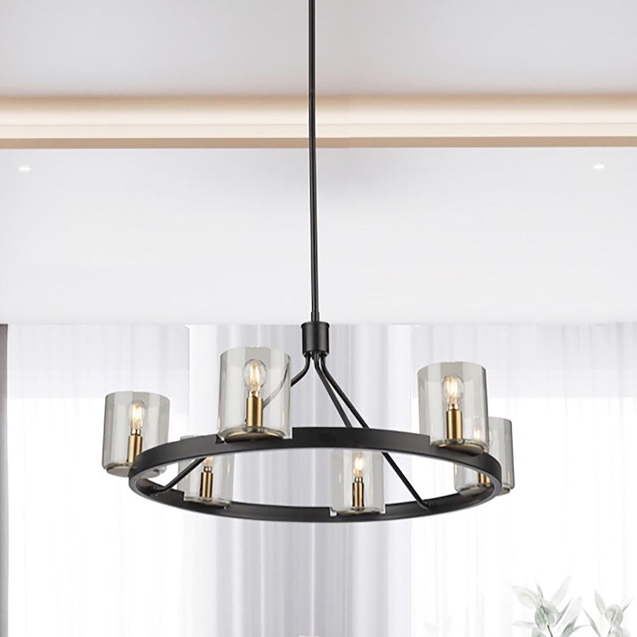 6 Light Chandelier, Black And Brass