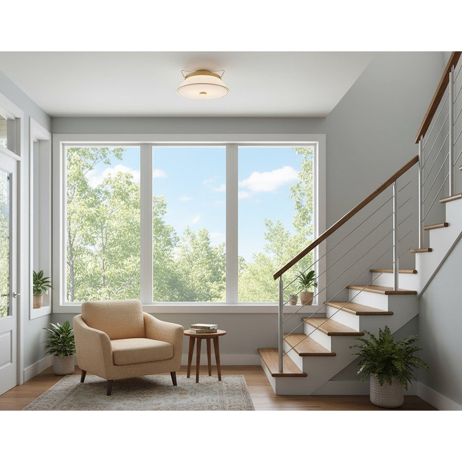 Artcraft Layla 2 Light Semi Flush Mount, Brushed Brass/White