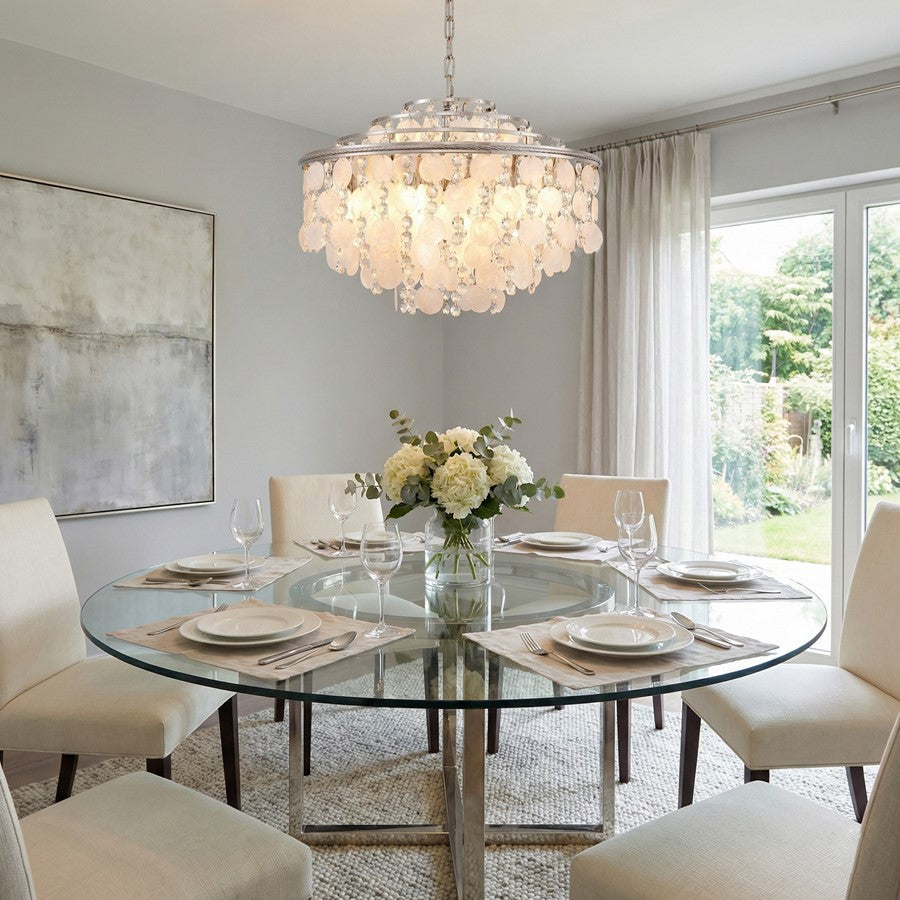 Artcraft Avara 13 Light Chandelier, Polished Nickel/Shell/Clear