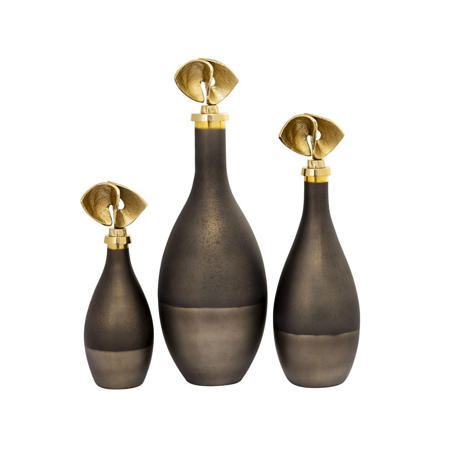 Atlas Lighting Aimee Bottle Set of 3 | Metallic Brown Glass with Brass Metal Stoppers | Living Room & Shelf Decor | Model AC11018-01S