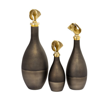 Atlas Lighting Aimee Bottle Set of 3 | Metallic Brown Glass with Brass Metal Stoppers | Living Room & Shelf Decor | Model AC11018-01S