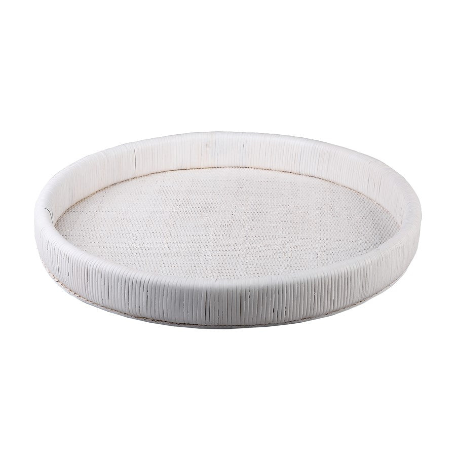 Atlas Lighting Akio 24in Round Serving Tray | White Hand-Wrapped Rattan and Wood | Living Room & Kitchen Display | Model AC11019-01