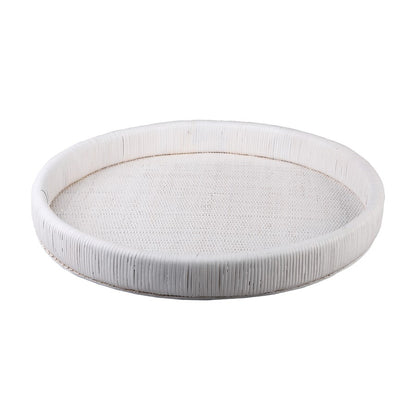 Atlas Lighting Akio 24in Round Serving Tray | White Hand-Wrapped Rattan and Wood | Living Room & Kitchen Display | Model AC11019-01