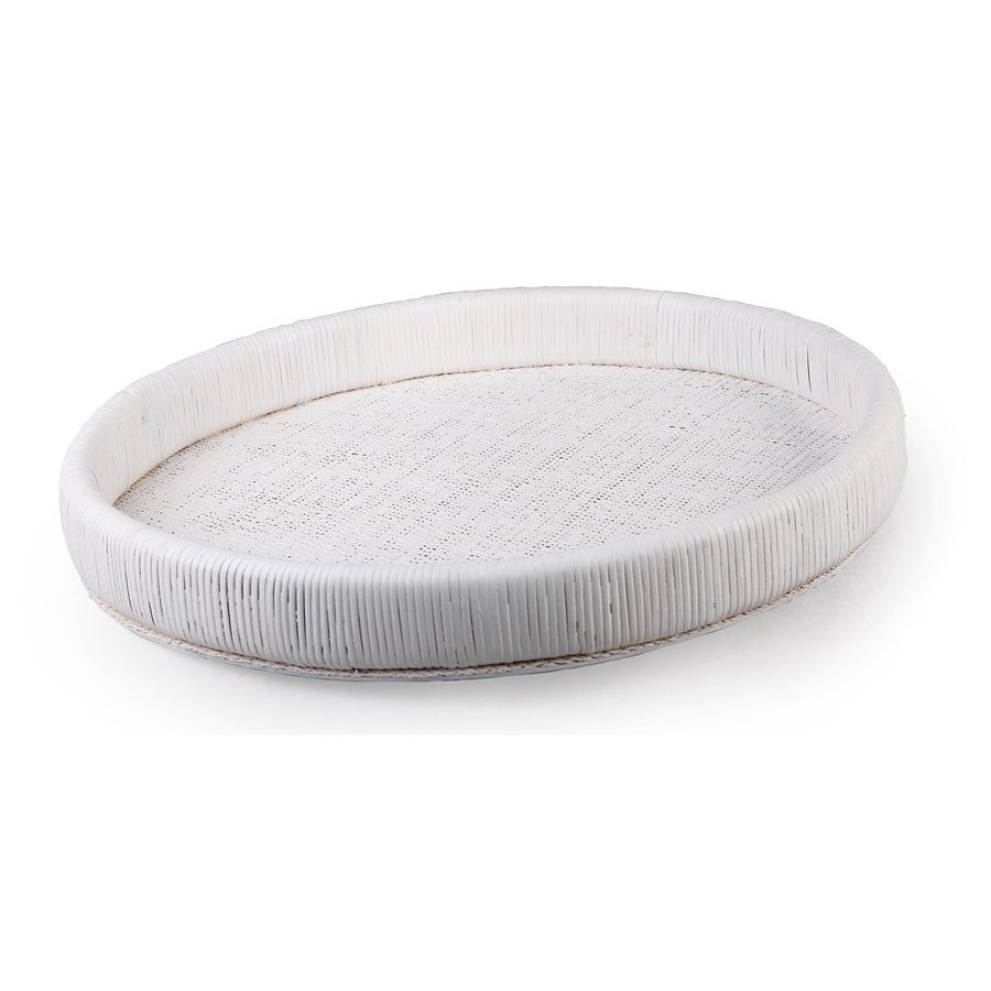 Atlas Lighting Akio 24in Round Serving Tray | White Hand-Wrapped Rattan and Wood | Living Room & Kitchen Display | Model AC11019-01