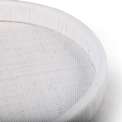 Atlas Lighting Akio 24in Round Serving Tray | White Hand-Wrapped Rattan and Wood | Living Room & Kitchen Display | Model AC11019-01