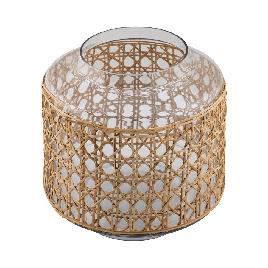 Atlas Lighting Alys Small Vase | Natural Rattan and Clear Glass | Coastal Living Room & Entryway Decor | 10 x 10 x 9.75 in | Model AC11030-01