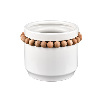 Atlas Lighting Anders Small Vase | Transitional White Earthenware & Natural Wood Beads | Flower Display & Coastal Decor | Model AC11035-01